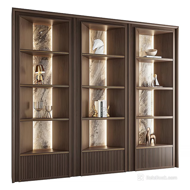 Elegant Modern Wooden Decorative Cabinet With Shelves Lighting Sculptures Books And Ornaments 3d model 