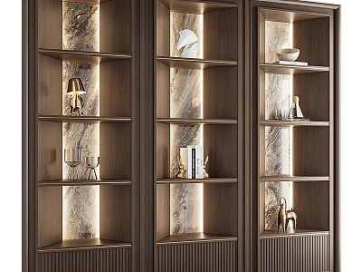 Elegant Modern Wooden Decorative Cabinet With Shelves Lighting Sculptures Books And Ornaments 3d model