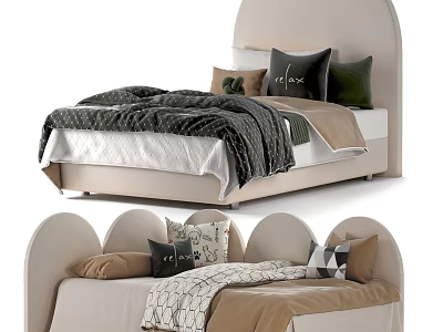 Simple Beige Kids Bed With Curved Headboard And Colorful Pillows Blanket 3d model