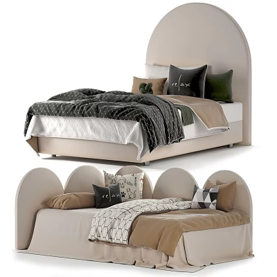 Simple Beige Kids Bed With Curved Headboard And Colorful Pillows Blanket 3d model