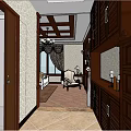 Hotel Guest Room Interior with Twin Beds Bathroom Carpet and Chandelier
