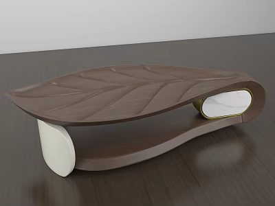 Leaf Shaped Coffee Table With Brown Vein Texture White Gold Base And Marble Accents 3d model