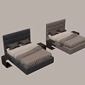 Modern Upholstered Double Bed With Navy Blue And Gray Headboard And Bedding