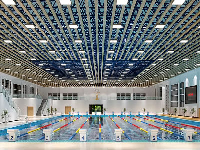 Spacious Indoor Swimming Pool With Colorful Lane Lines Numbers Bright Ceiling Lighting And Windows 3d model