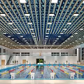 Spacious Indoor Swimming Pool With Colorful Lane Lines Numbers Bright Ceiling Lighting And Windows