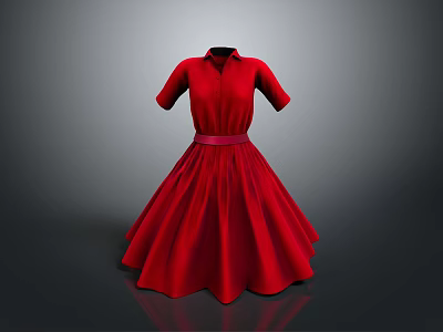 Elegant Red Dress With Short Sleeves Shirt Collar And Belt Detail 3d model
