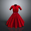 Elegant Red Dress With Short Sleeves Shirt Collar And Belt Detail