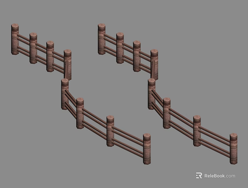Rustic Wooden Fence Design With Vertical Posts And Horizontal Rails 3d model