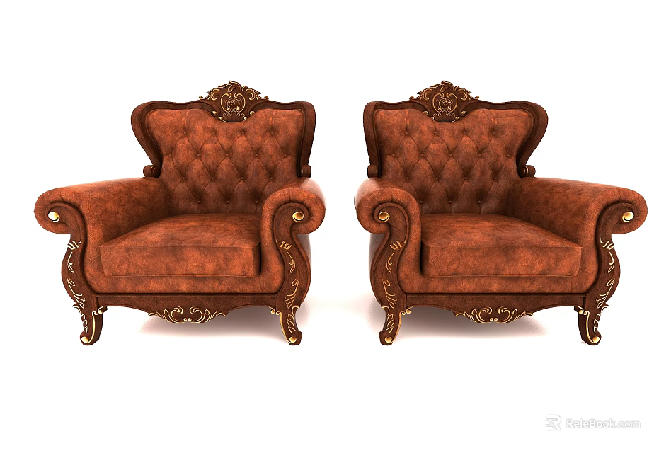 Classic Brown Upholstered Single Sofa with Carved Wood Frame and Ornate Details 3d model 