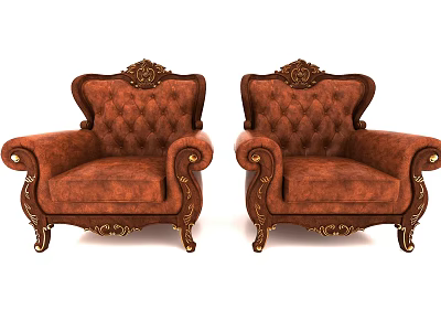Classic Brown Upholstered Single Sofa with Carved Wood Frame and Ornate Details 3d model