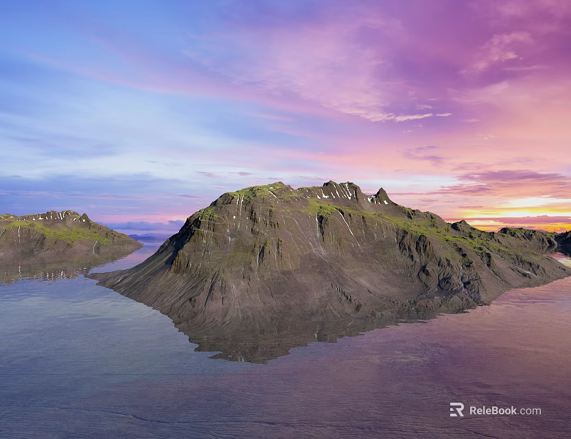 Scenic Mountain View with Green Vegetation Snow and Calm Water Reflecting Purple Pink Sunset Sky 3d model 