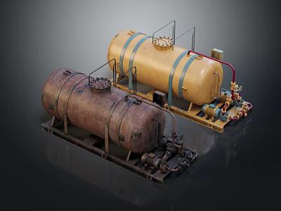 Rusty And Yellow Industrial Storage Tanks With Pipes And Valves 3d model