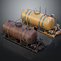 Rusty And Yellow Industrial Storage Tanks With Pipes And Valves
