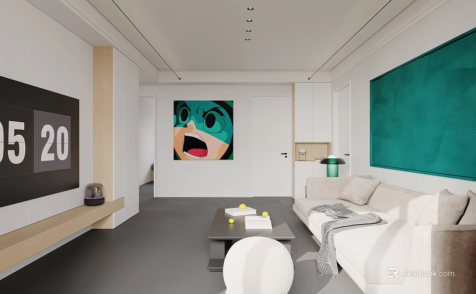 Modern Living and Dining Area with Light Sofa Coffee Table TV and Decorative Paintings 3d model 