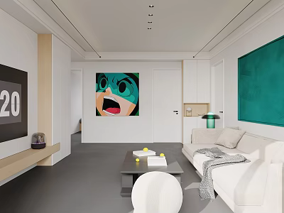 Modern Living and Dining Area with Light Sofa Coffee Table TV and Decorative Paintings 3d model