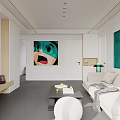 Modern Living and Dining Area with Light Sofa Coffee Table TV and Decorative Paintings