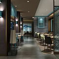 Modern Restaurant Interior With Wooden Walls Blue White Landscape Paintings Booth Seating And Pendant Lights