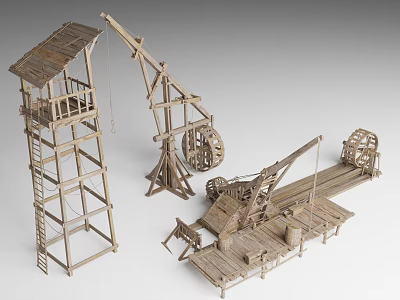 Traditional Wooden Agricultural Equipment Models With Crane Tower Platform And Wheels 3d model