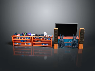 Modern Computer Workstation With Monitor Speakers And Shelves Of Books Accessories 3d model