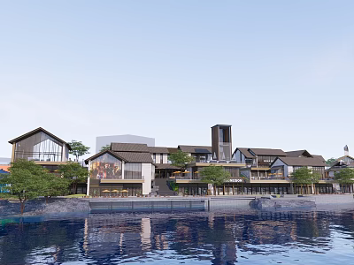 Picturesque Waterfront Commercial Street With Modern Architecture And Green Landscape 3d model