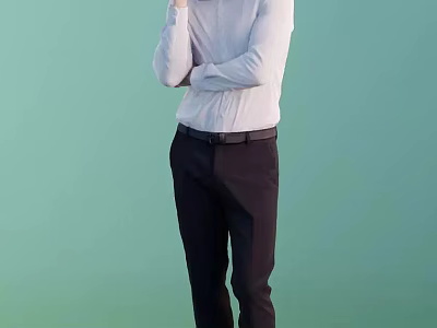 Man Standing With Arms Crossed In White Shirt And Black Pants Against Green Background 3d model