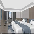 Modern Hotel Guest Room With Twin Beds Flat Screen TV Decorative Carpet And Wooden Accents