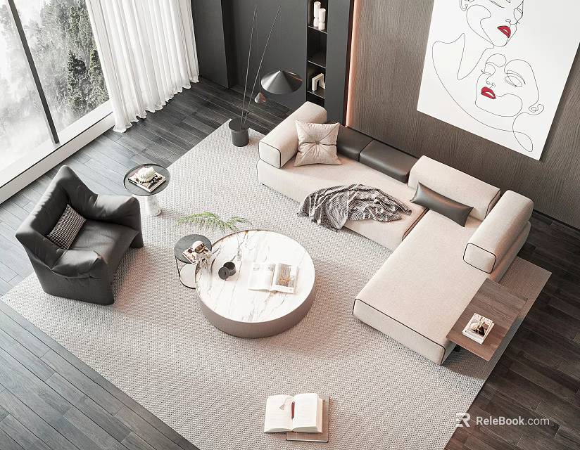 Elegant Modern Sofa And Coffee Table Set With Beige Sectional Round Table Accent Chair 3d model