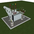 Industrial Power Transformer with Colored Insulator Bushings on Concrete Base in Green Grass