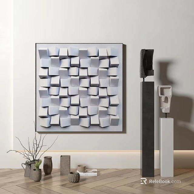 3D Cube Design Decorative Painting On Wall With Sculptures And Decor 3d model