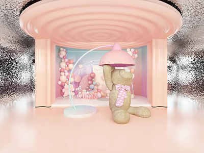 Pink Spiral Top Stage With Pink Balloons Teddy Bear Pink Table Lamp And Silver Background 3d model