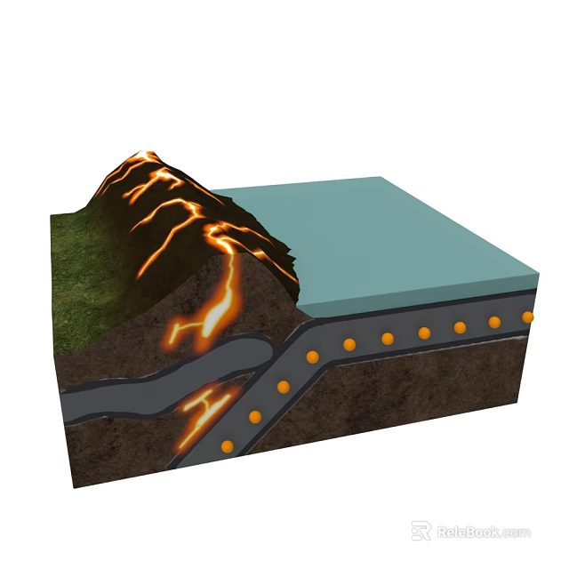 Volcanic Terrain Featuring Lava Flow Green Grass and Stratified Geological Layers 3d model 
