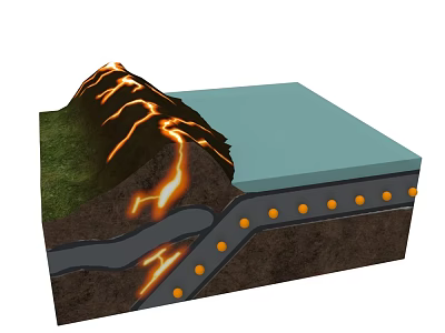 Volcanic Terrain Featuring Lava Flow Green Grass and Stratified Geological Layers 3d model