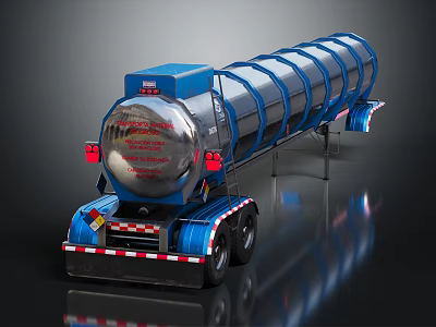 Blue Tanker Trailer With Large Stainless Steel Tank Red Rear Lights And Reflective Surface 3d model