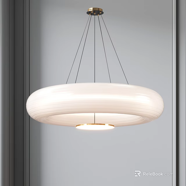 Modern White Circular Ribbed Pendant Light Hanging In Minimalist Interior Space 3d model 