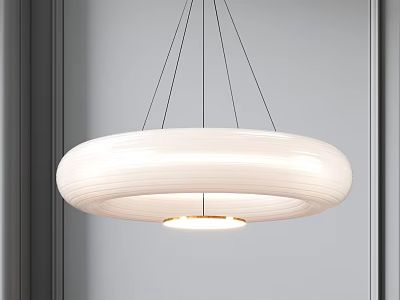 Modern White Circular Ribbed Pendant Light Hanging In Minimalist Interior Space 3d model