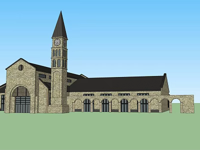 Classical Style Commercial Complex With Stone Exterior Clock Tower And Arched Windows 3d model