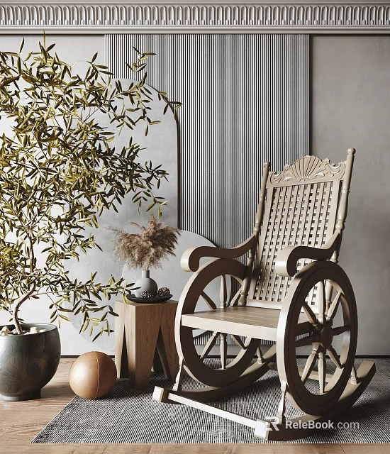 Wooden Woven Design Leisure Rocking Chair In Modern Interior With Potted Plant And Round Mirror 3d model 