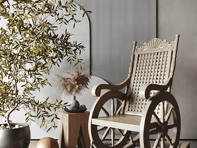 Wooden Woven Design Leisure Rocking Chair In Modern Interior With Potted Plant And Round Mirror 3d model