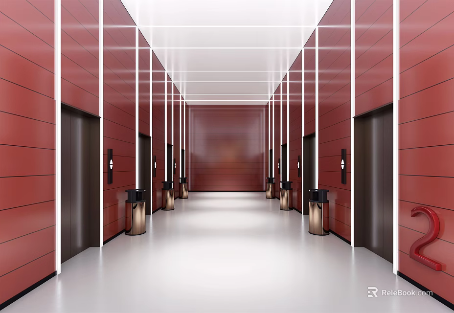 Elevator Hallway With Red Walls White Ceiling Metal Frames And Elevator Doors On Both Sides 3d model