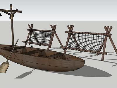 Traditional Wooden Boat With Oar And Rope Net Racks In Simple Scene 3d model