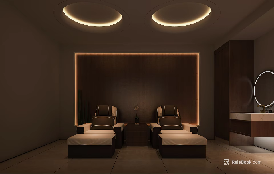 SPA Sauna Room With Two Massage Chairs Wooden Wall And Circular Light Strips 3d model 