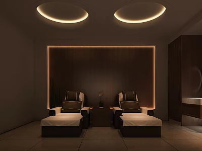 SPA Sauna Room With Two Massage Chairs Wooden Wall And Circular Light Strips 3d model