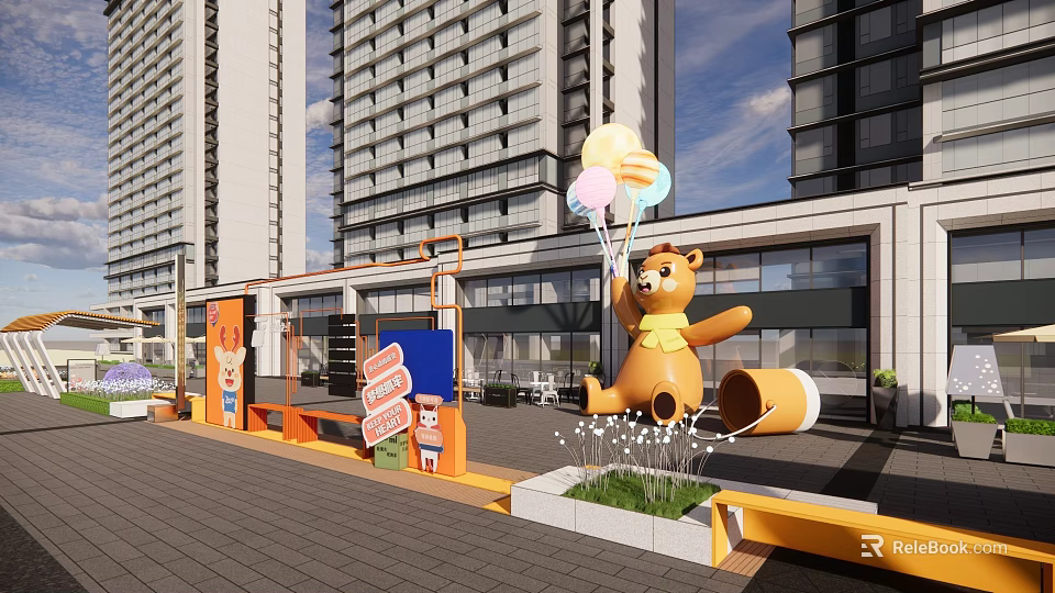 Vibrant Commercial Landscape With High Rise Buildings Yellow Bear Balloons And Orange Decorations 3d model 