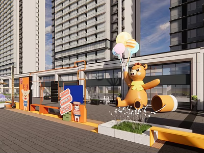 Vibrant Commercial Landscape With High Rise Buildings Yellow Bear Balloons And Orange Decorations 3d model