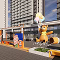 Vibrant Commercial Landscape With High Rise Buildings Yellow Bear Balloons And Orange Decorations