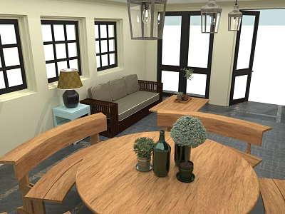 Cozy Living Dining Area With Round Wooden Table Wooden Benches And Pendant Lights 3d model