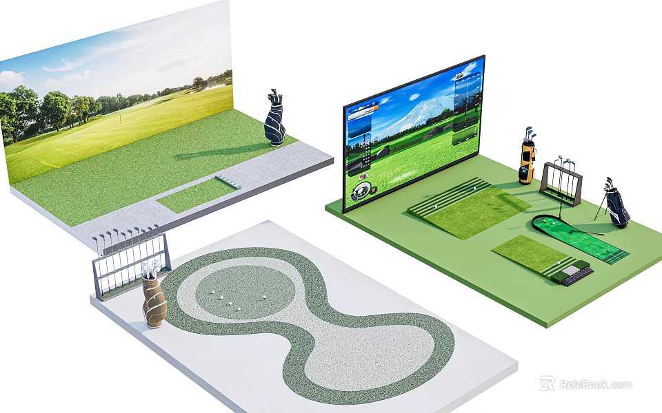Hotel Public Lounge Area With Golf Course Screen And Mini Putting Green Setup 3d model 