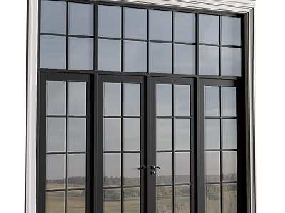 Black Frame Casement Doors With Glass Grid Design And Outdoor View 3d model