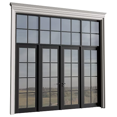 Black Frame Casement Doors With Glass Grid Design And Outdoor View 3d model