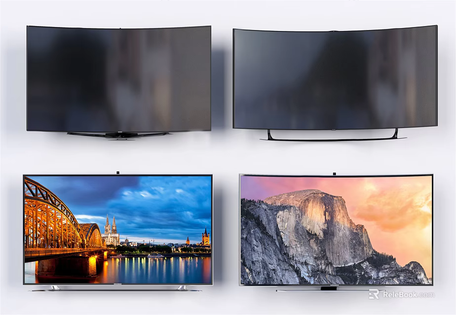 Modern Curved and Flat Screen Televisions With Scenic Landscapes and City Views 3d model 